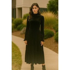 SSYS The Label Black Velvet Mock Neck Tiered Midi Dress Long Sleeve