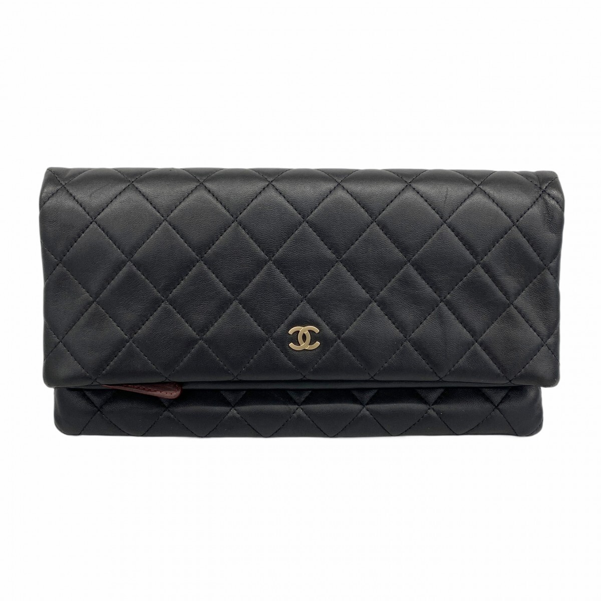 CHANEL Black Lambskin Matelass Clutch with Gold Hardware Champagne Accent Pre-Owned