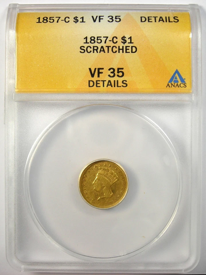 Dólar de oro indio 1857-C G$1. Detalle certificado ANACS VF35 - Moneda rara Charlotte Foto 2 de 4