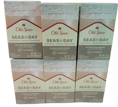LOT OF 6--Old Spice Bar Soap SEAS THE DAY Eucalyptus & Coconut Cream 5oz Bars