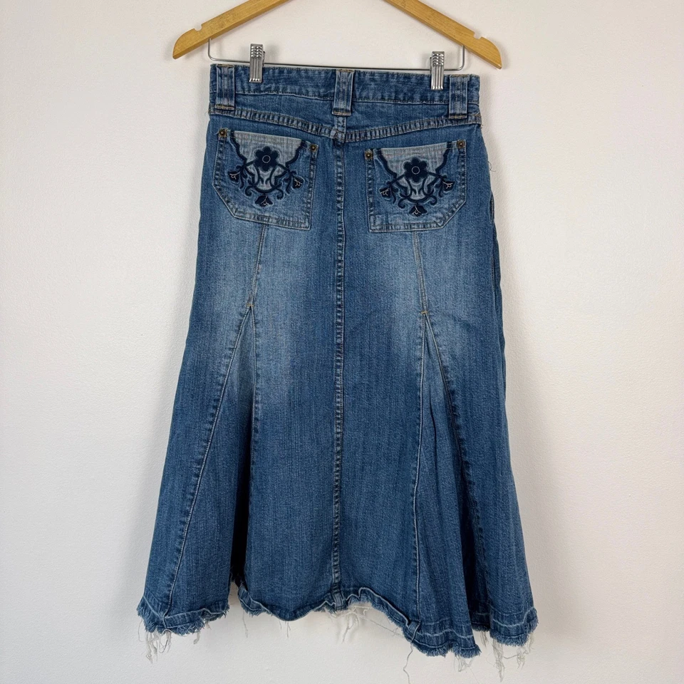 ¡De colección! Falda Mudd Jeans Denim Azul 3 Y2K Bordada Acampanada Midi Mujer Envejecida Foto 2 de 4