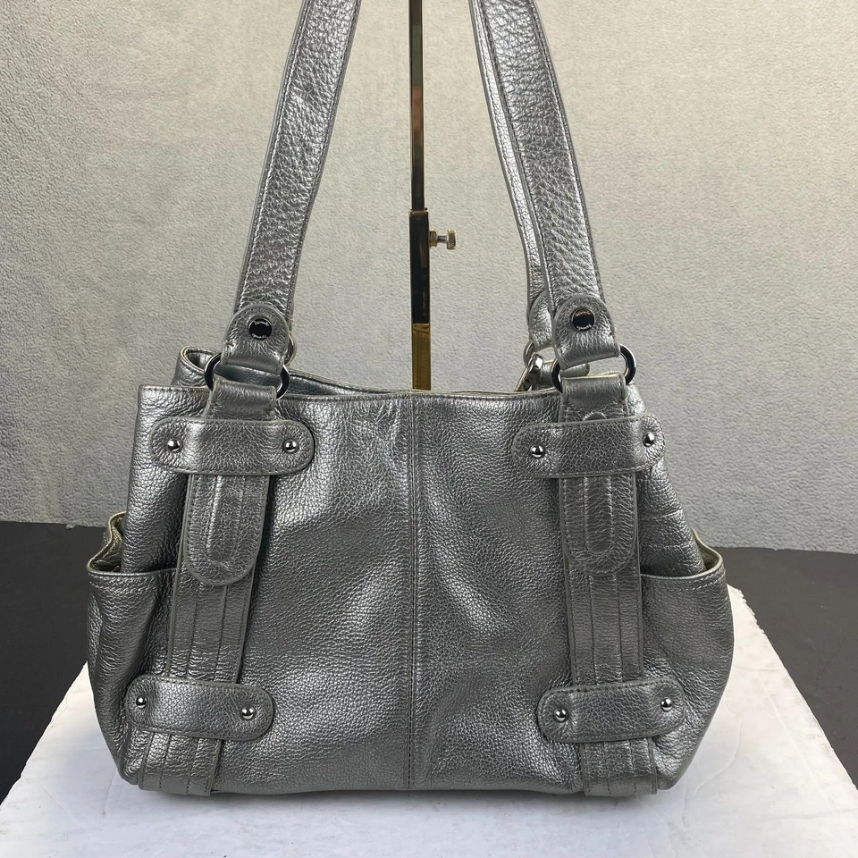 Tignanello Metallic Silver Leather Satchel Shoulder Bag Purse - Image 2 of 4