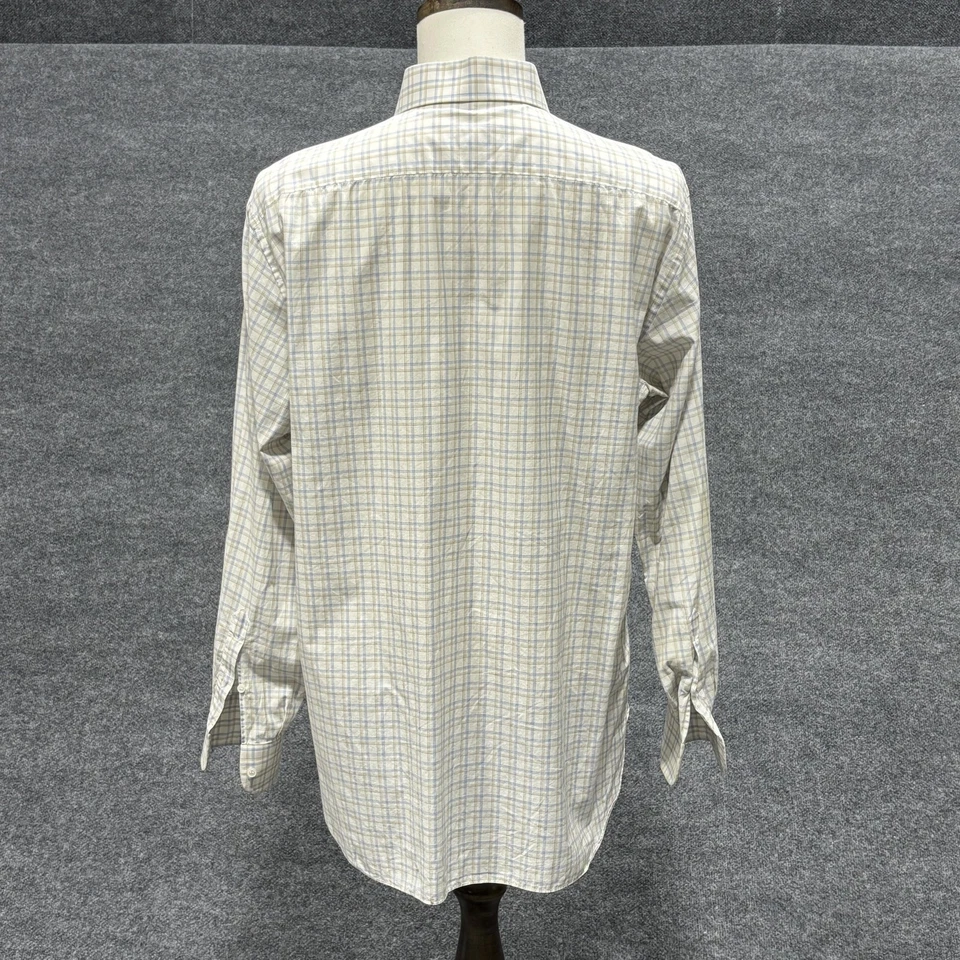 Brioni Dress Shirt Mens 17 Large White Blue Tan Plaid Button Front Made in Italy - Image 4 of 4