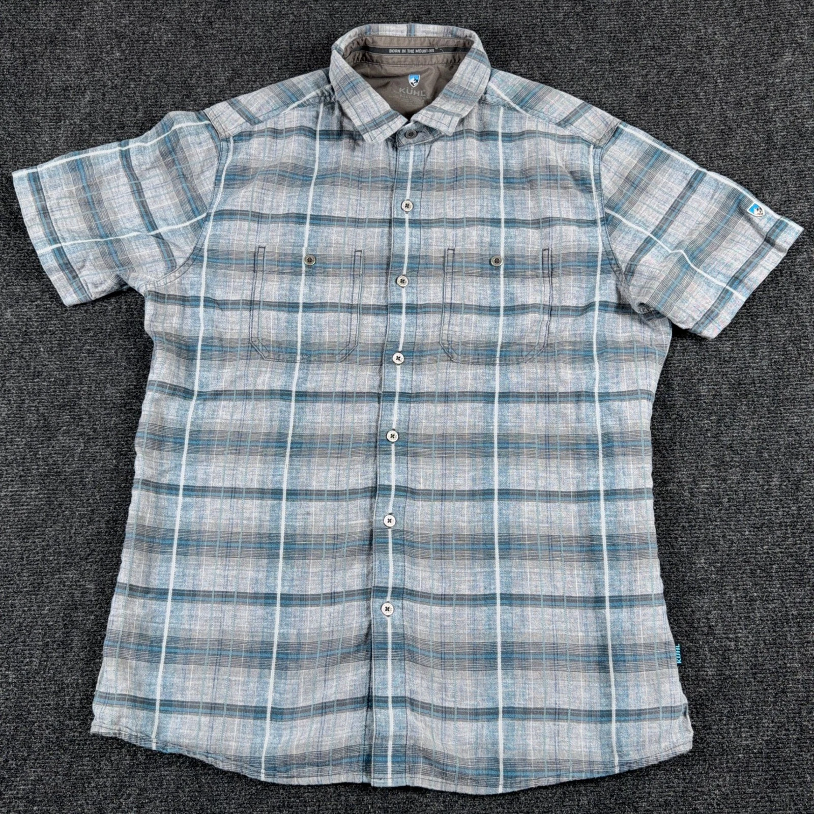 KUHL Plaid Short Sleeve Button Down Shirt Medium Grey Blue Hiking Casual Mens