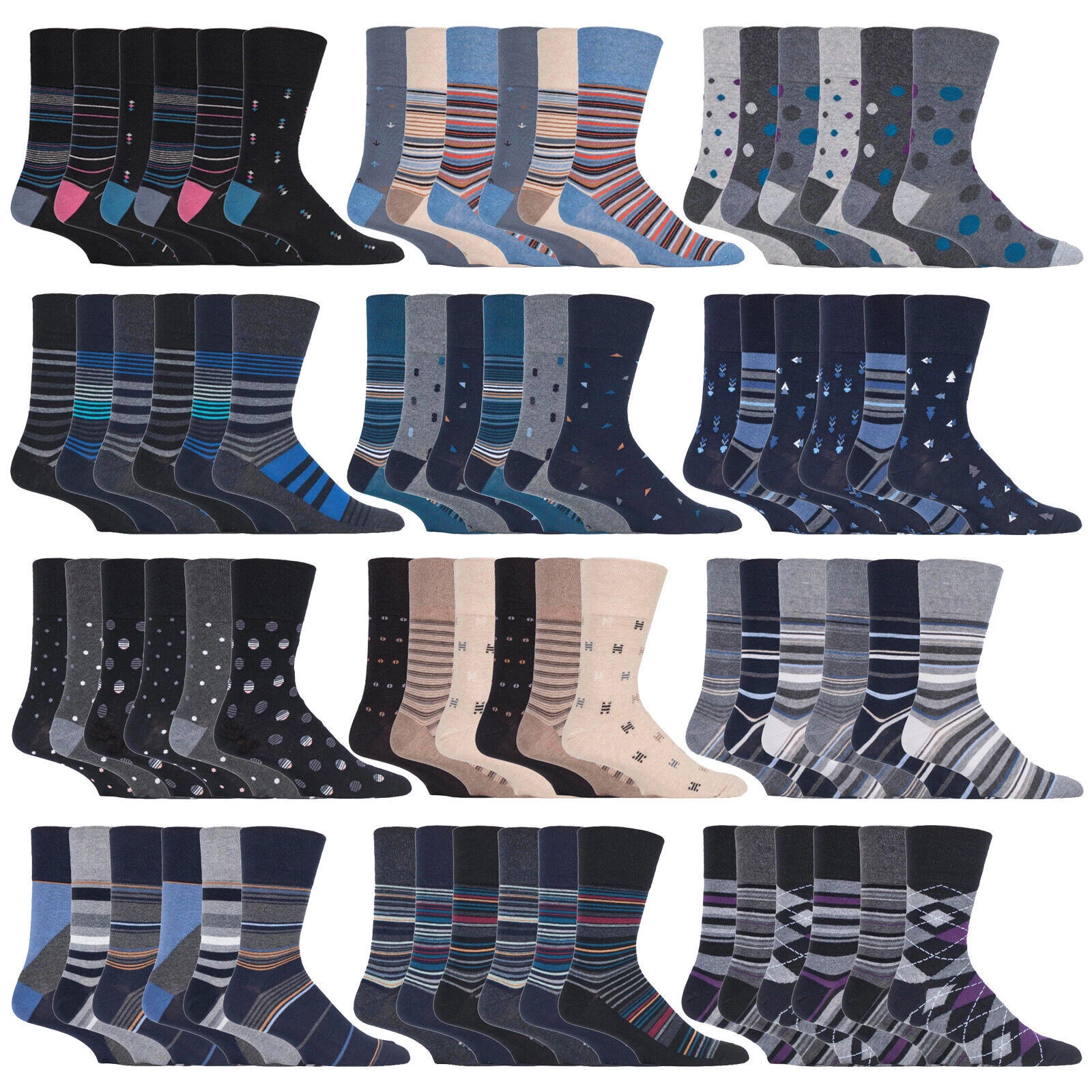 Gentle Grip - Mens Cotton Rich Non Elastic Funky Patterned Socks | 6 Pack