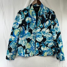 Kasper Blazer Women 12 Blue Multi Floral Print Stand Collar Open Front