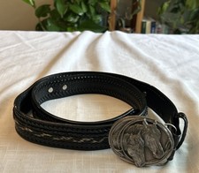 Vintage Siskiyou Buckle Co Pewter Horse Buckle  Tooled Leather Belt Size 40