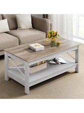 Coffee Table, Living Room Table, 2-Tier Thick Wood, Rectangular Coffee Table