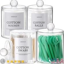 Clear Qtip Holder Dispenser Set Bathroom Storage Organizers W/ Labels Canisters