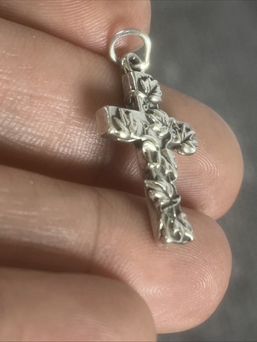 Sterling Silver Charm Pendant 925 Jewelry Vintage GOD Cross Crucifix Ivy Leaf - Picture 2 of 6