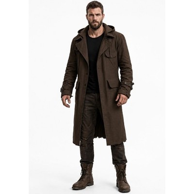 Mens Distressed Hooded Trench Coat Post Apocalyptic Duster Long Brown Jacket