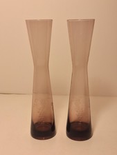 2 VTG Amethyst Glass Bud Vases Etched Grape Motif 9.5" Tall NN2238