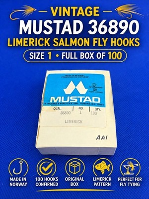Vintage Mustad 36890 Limerick Salmon Fly Hooks Size 1 Full Box of 100