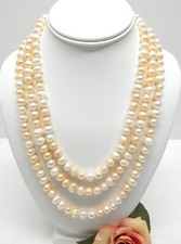 10mm Genuine Pearl Bead Necklace, Knotted White  Light Pastel, Extra Long 65"