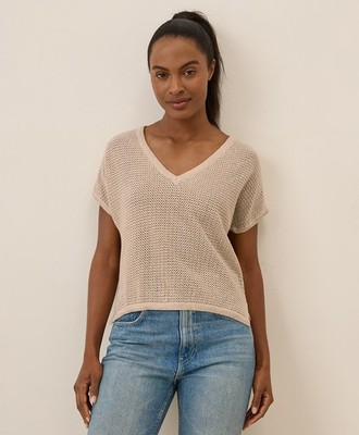 Pact Women's Beachside Crochet Knit V-Neck Top Medium Sandshell