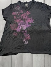 JMS PLus Just My Size 3X XXX Pink Black V-Neck Tee Purple Floral 100% Cotton S/S