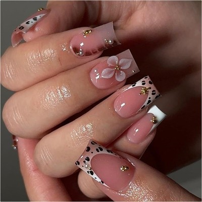 Press on Nägel French Acrylnägel Fake Nails 24PCS Rosa Leopardenmuster Blumen