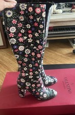VALENTINO Floral-Painted Leather Knee-High Bo...