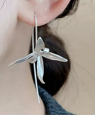 Silver Tone Metal Flower Dangle Drop Earrings, French Wire Closure