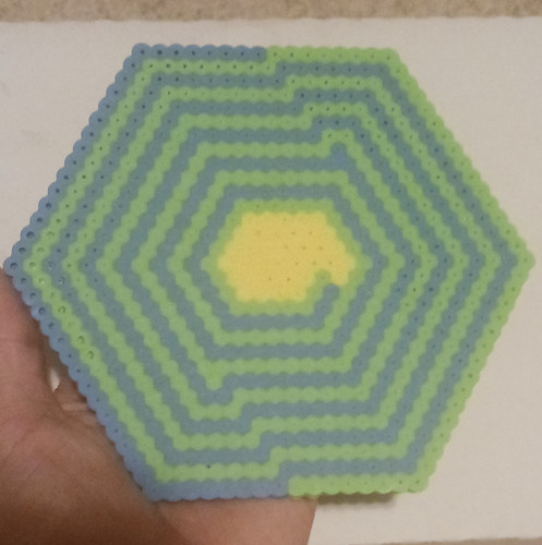 Handmade Fused Perler Bead Hexagon Coaster Blue Green Yellow
