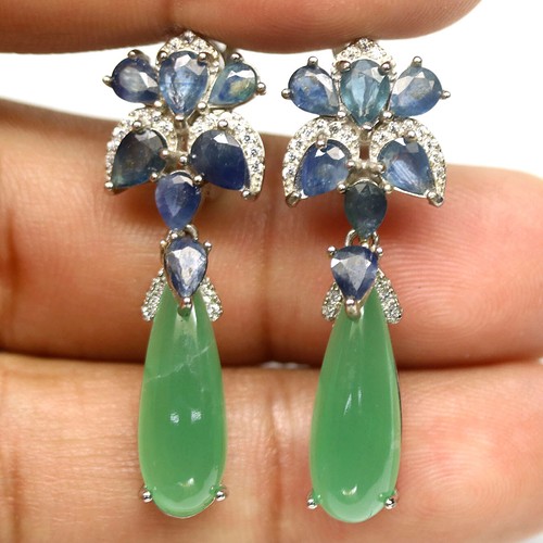 Boucles D'oreilles Argent 925 - Apatite Bleue Ovale & Saphir - Clip - Occasion Spéciale