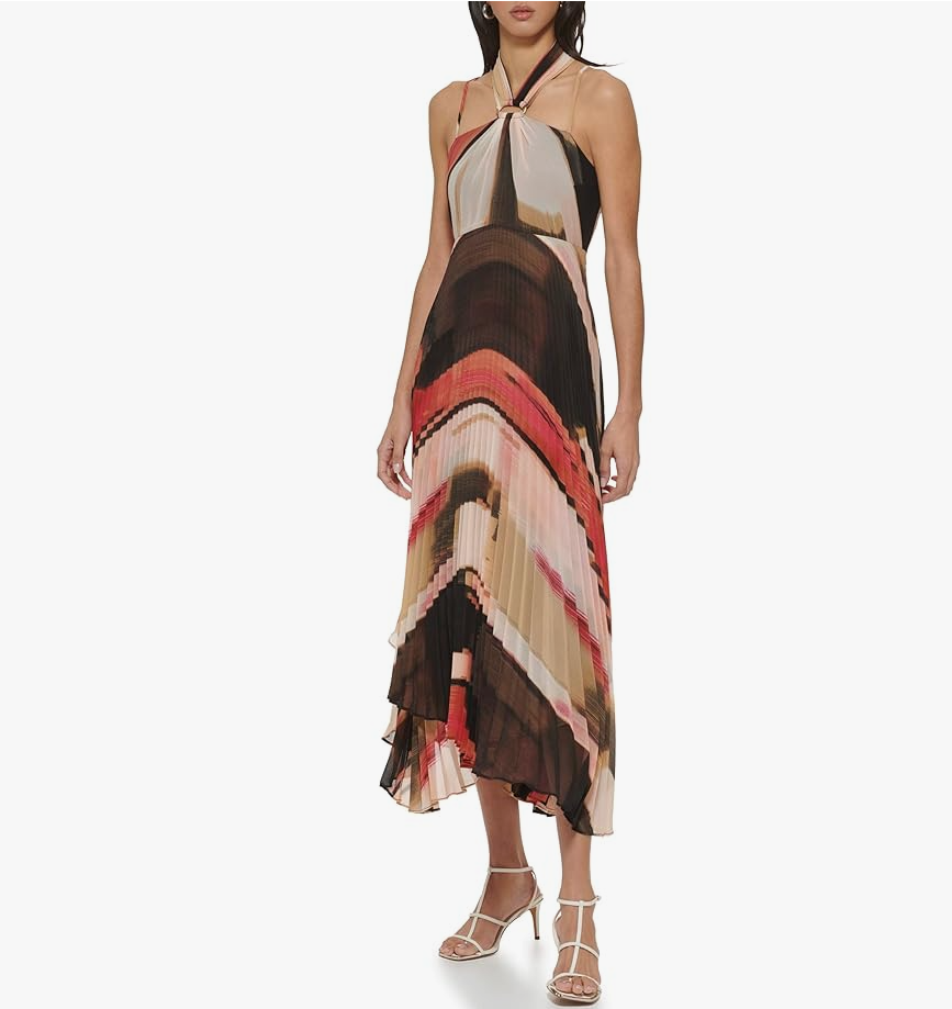 dkny halter dress Women's Printed Halter-Neck Pleated Chiffon - Amalfi Pink/Pristine Multi Jewelry on Sale