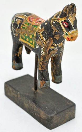 Hand Carved Hard Wood Small Horse Figurine on Stand Rustic Painted