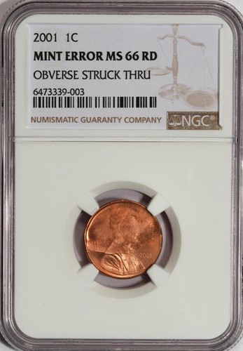 2001 NGC MS66RD Huge Unique Struck Thru Lincoln Cent Mint Error Great Eye Appeal - Picture 3 of 4