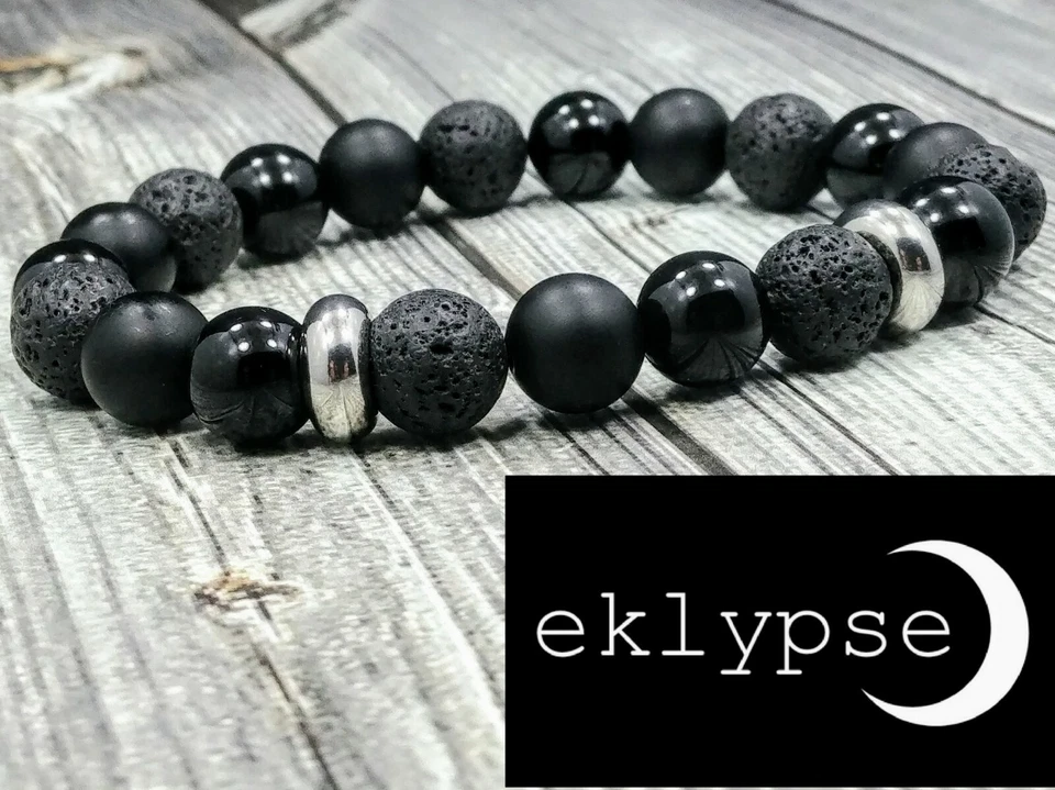 Pulseira de contas de aço inoxidável 8"L 10 mm fosca + ônix preto polido + pedra preciosa lava - Imagem 2 de 4