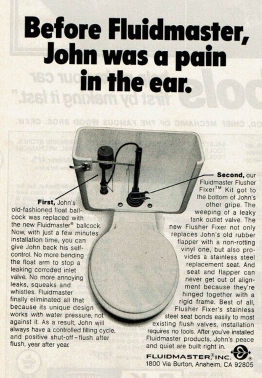 1975 Vintage Print Ad Before Fluidmaster, John was a pain in the ear Flusher Fix