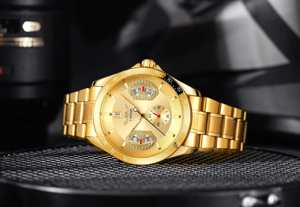WINNER Gold Automatic Date Fashion Stainless Steel Strap Men's Mechanical Watch - Image 3 of 4