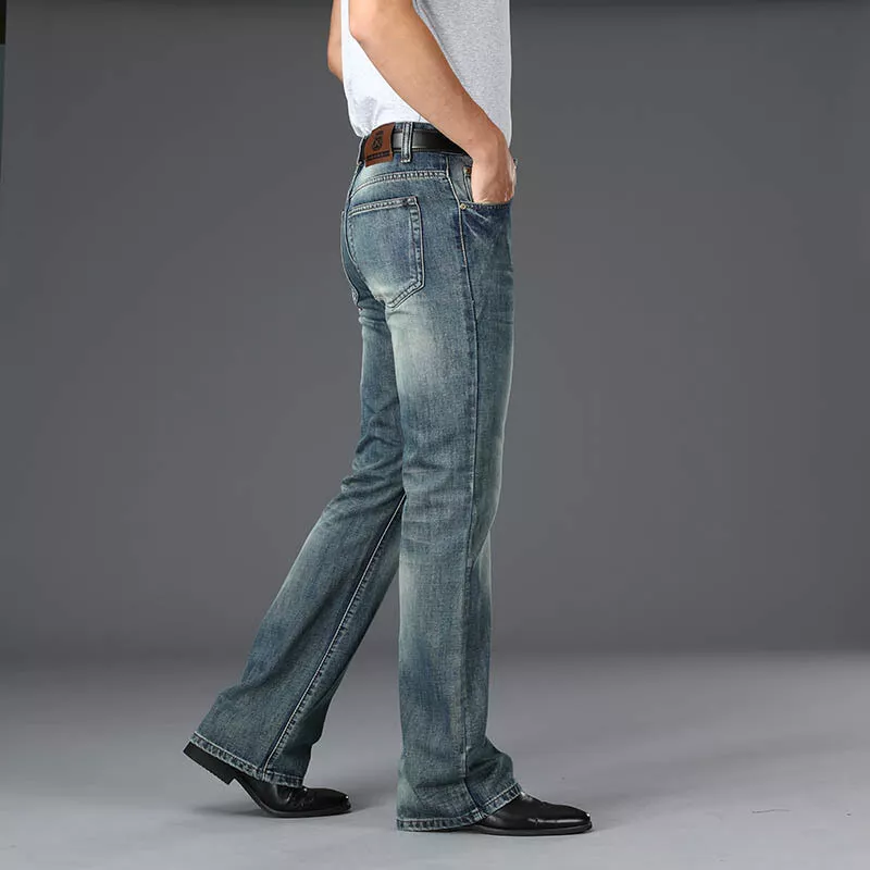 Men Flared Jeans Retro 70s Bell Bottom Denim Pants Slim Fit Bootcut Trousers