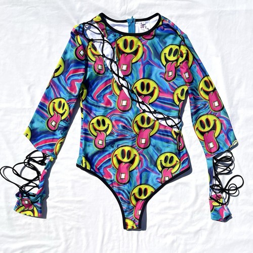 iHeart Raves Bodysuit Womens Large Smiley Face Psychedelic Thong Long