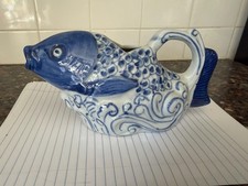 Fun Cool Vintage Chinese Blue & White Hand Painted Glazed Koi Fish Teapot