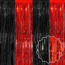 6 Pack Black and Red Foil Fringe Curtains Backdrop 3.28 x 9.8 Ft Metallic Str...