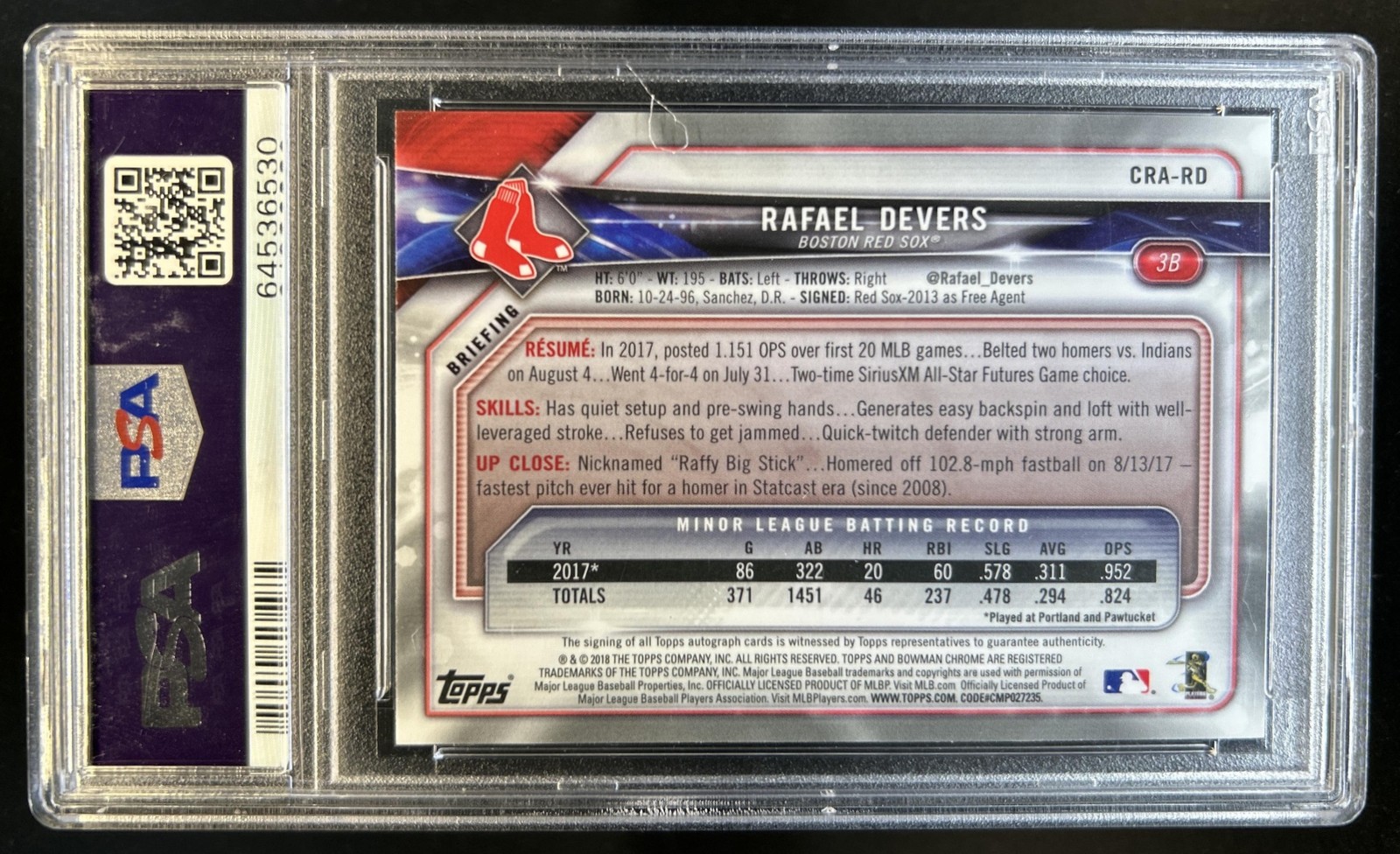 2018 Bowman Rafael Devers Chrome Rookie Auto Atomic RC #/100 Red Sox PSA 10 view 2