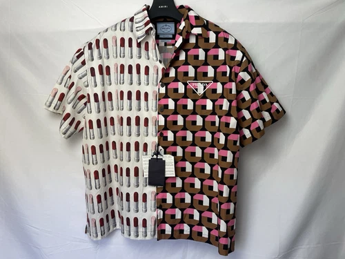 Prada Camicia Uomo Uomo Bowling Marrone Rosa Rossetto XXL Nuova