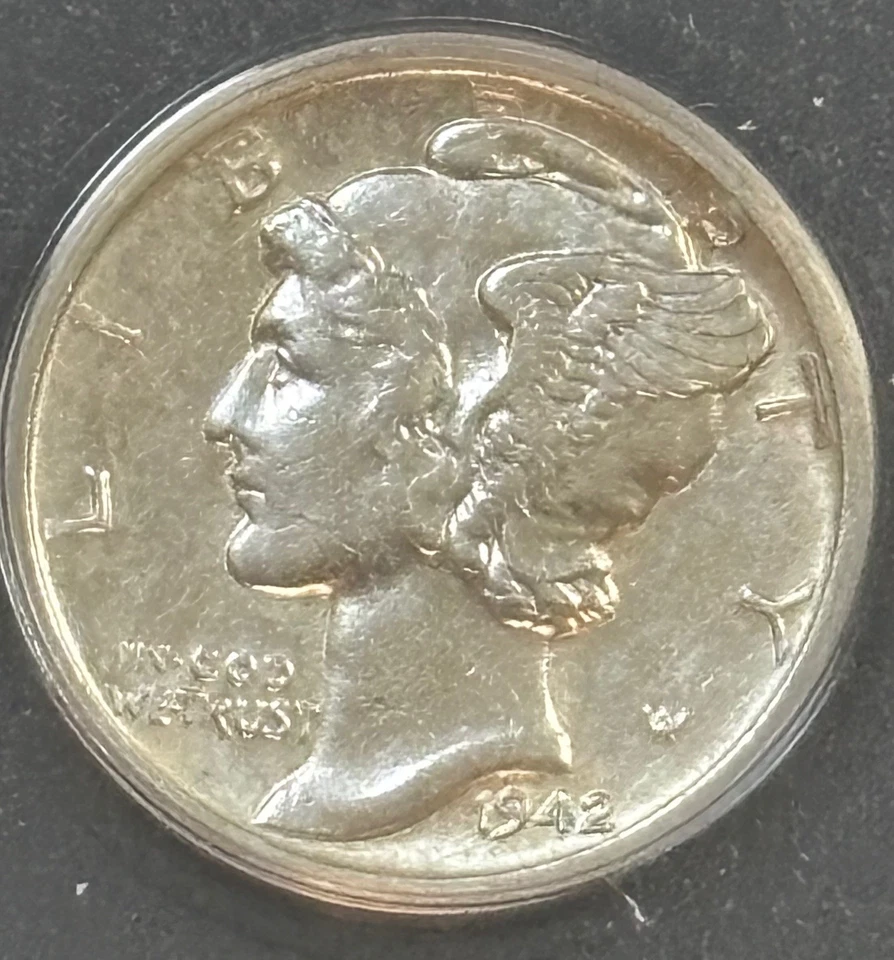 RARO - 1942 D Mercury Silver Dime 10C ANACS AU55 D/D/D RPM-12 (#882) Foto 3 de 4