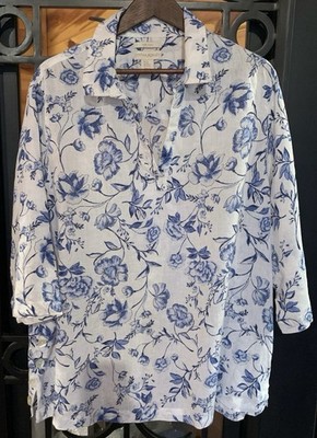 Cynthia Rowley Women's 100% Linen Tunic Top White Blue Floral Size 2X