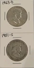 Lot of 2 Benjamin Franklin Silver Half Dollars - 1951-S & 1963-D - 90% Silver