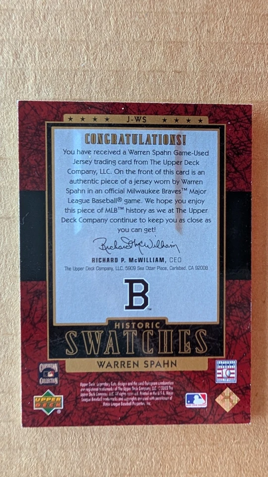 2003 SP Legendary Cuts Swatch WARREN SPAHN JERSEY Card 227/350 BOSTON BRAVES bb - Image 2 of 2