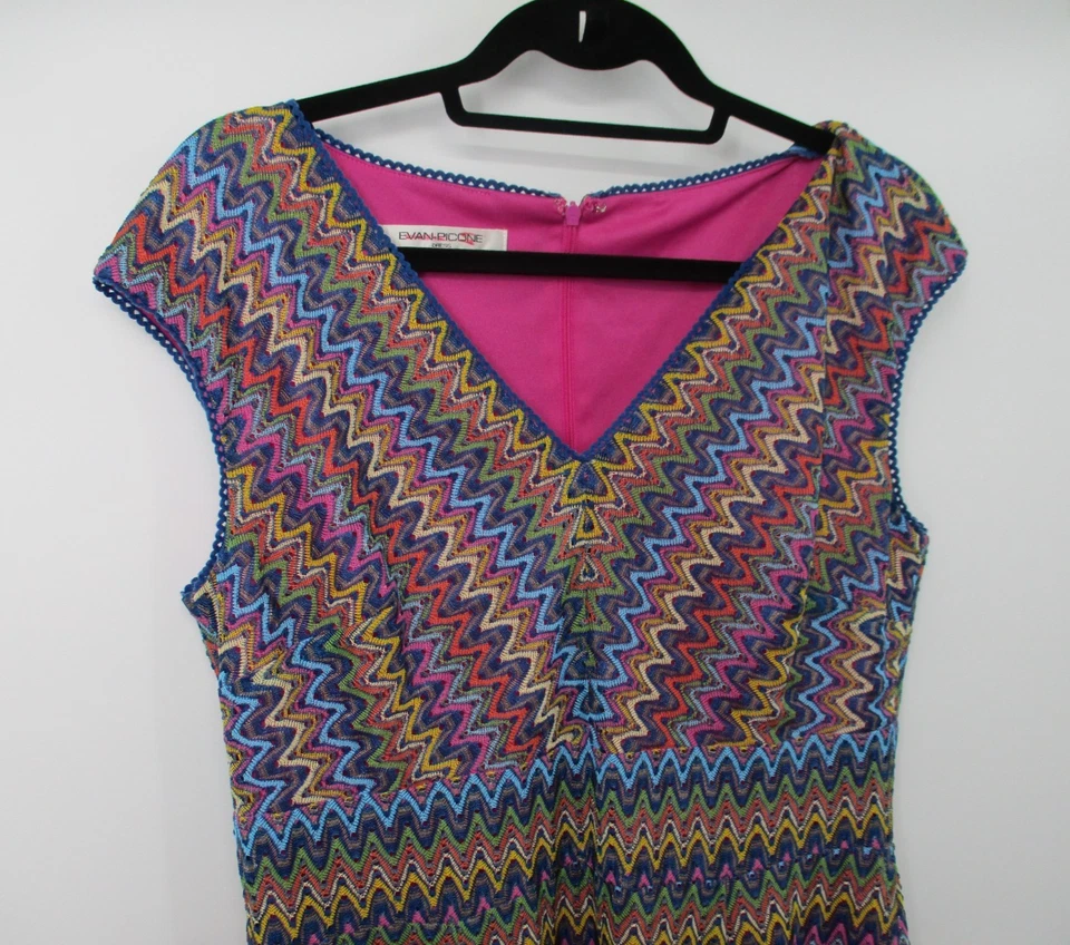 Vestido informal Evan Picone para mujer 14 multicolor ondulado a rayas sin mangas cuello en V Foto 4 de 4