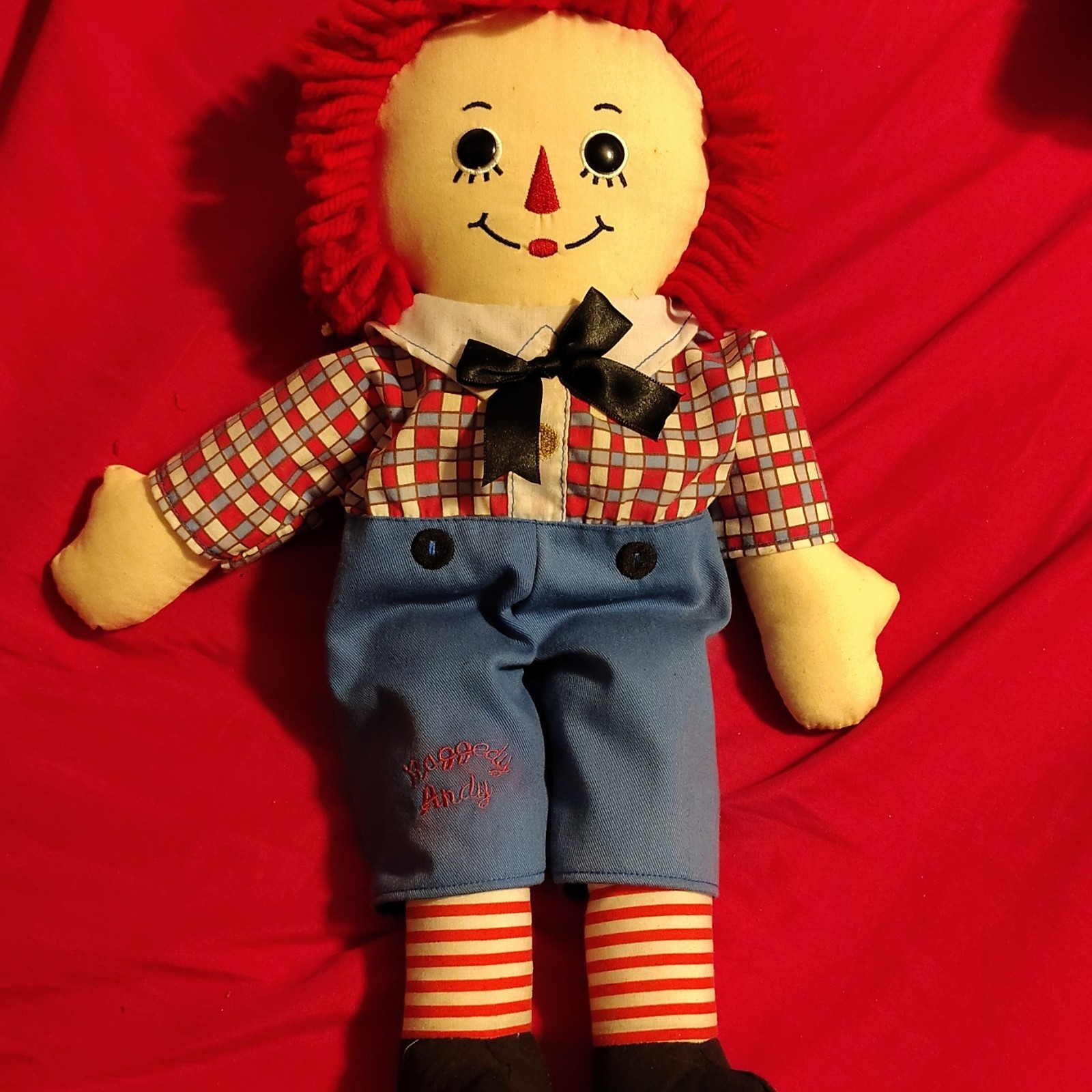 Raggedy Andy Cloth Doll Red Yarn Hair Plaid Shirt Blue Pants Soft Body