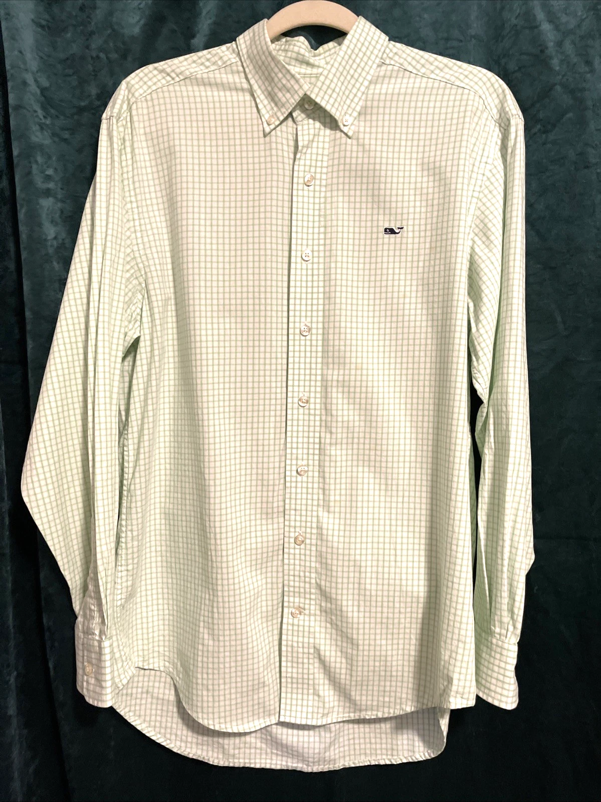 Vineyard Vines button front shirt green/white window pane plaid cotton logo