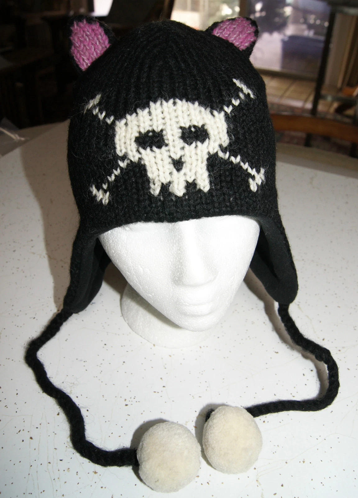 deLux skull CAT HAT knit ADULT costume FLEECE LINED black feline anime emo ears