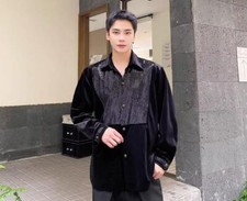 Men's Autumn Fashion Lapel Shine Sequins Loose Velvet Shirt Party Dress Shirt