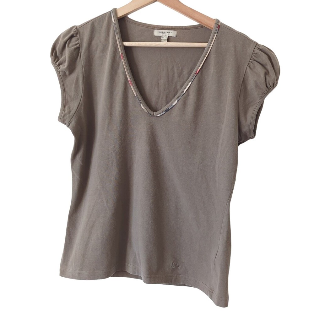 Burberry London T-shirt Womens Medium Large V-neck Top Plaid Trim Brown Beige