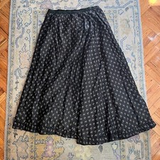 Antique Victorian/Edwardian Seaweed Print Navy Silk Maxi Ruffle Skirt L Large
