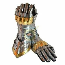 Armor-Pair-Brass-Accents-Gauntlet-Gloves-Medieval-Knight-Crusader-Steel