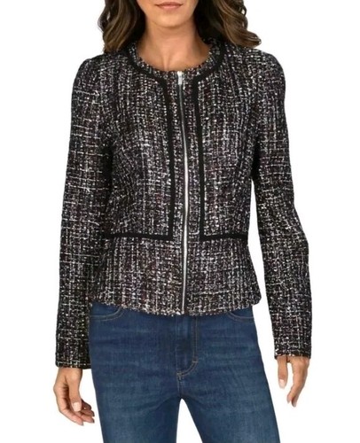 Calvin Klein Tweed Zip-Front Metallic Collarless Blazer Jacket Purple Multi 12 - Bild 5 von 8